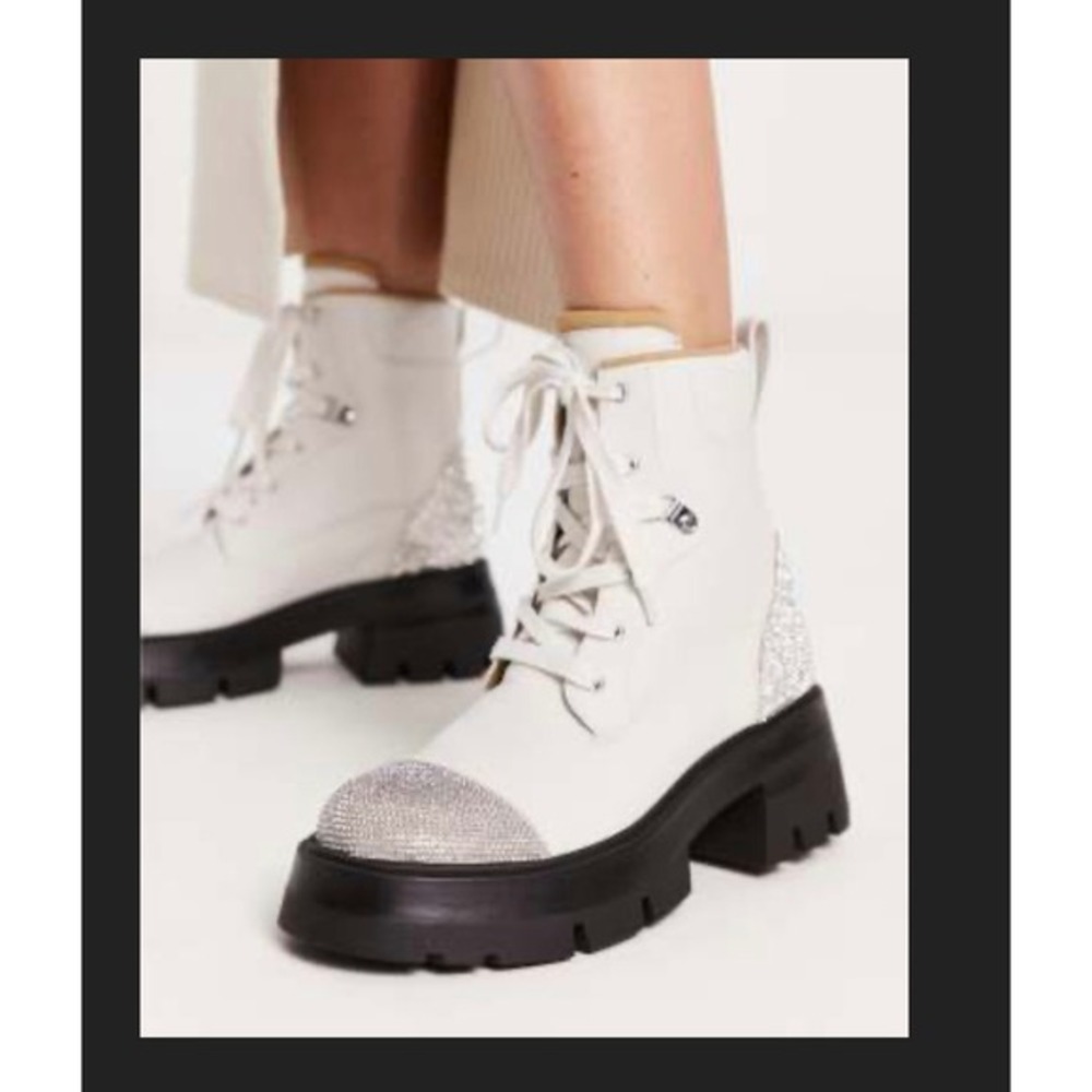 Public Desire Women's White ‎ Boots Rhinestone Toe Heel Lace Up Chunky Platform